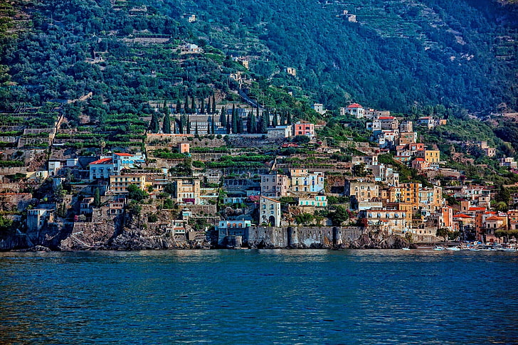 badan air, bangunan, Italia, panorama, Pantai Amalfi, Teluk Salerno, Wallpaper HD