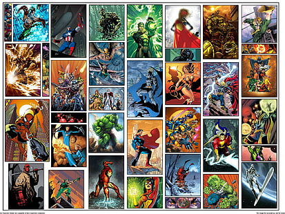 各種スーパーヒーローのコラージュ、コミック、クロスオーバー、アルファフライト、アクアマン、アトム（DCコミック）、アベンジャーズ、バットマン、ビーストボーイ、ベングリム、キャプテンアメリカ、キャプテンマーベル、サイクロプス（マーベルコミック）、DCコミック、ドクターストレンジ、ファンタスティックフォー、フラッシュ、ゴーストライダー、グリーンアロー、グリーンランタン、ホークガール、ホークマン、ハルク、ヒューマントーチ（マーベルコミック）、インビジブルウーマン、アイアンフィスト、アイアンマン、ジョニーストーム、ジャスティスリーグ、キッドフラッシュ、マーベルコミック、ミスターファンタスティック、リードリチャーズ、サベージドラゴン、シャザム（DCコミックス）、シーハルク、シルバーサーファー、スパイダーマン、スパイダーウーマン、スターファイア（DCコミックス）、スーパーボーイ、スーパーガール、スーパーマン、スーザンストーム、スワンプシング、シング（マーベルコミックス）、トール、ウルヴァリン、ワンダーガール、ワンダーウーマン、X-メン、 HDデスクトップの壁紙 HD wallpaper