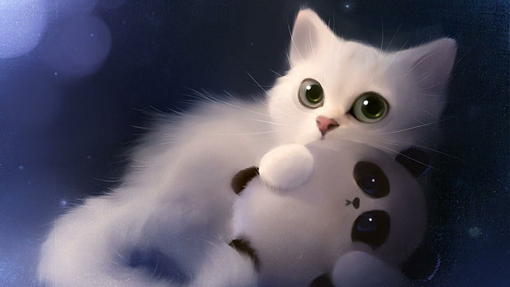 gato, gato blanco, bigotes, soñador, cola, ilustración, gatito, arte, panda, esponjoso, cuento de hadas, Fondo de pantalla HD