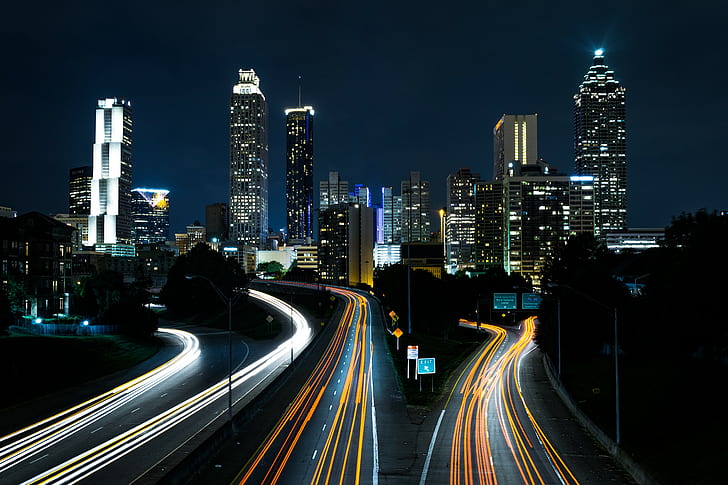 ciudad, luces, paisaje urbano, camino, noche, Fondo de pantalla HD