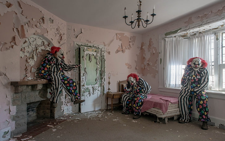 three jester costumes, clowns, horror, HD wallpaper