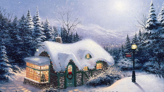 illustration de maison couverte de neige, forêt, neige, lumières, arbre, image, Noël, lanterne, maison, peinture, paysages, fabuleux, nuit silencieuse, nouvel an, Thomas Kinkade, Fond d'écran HD HD wallpaper