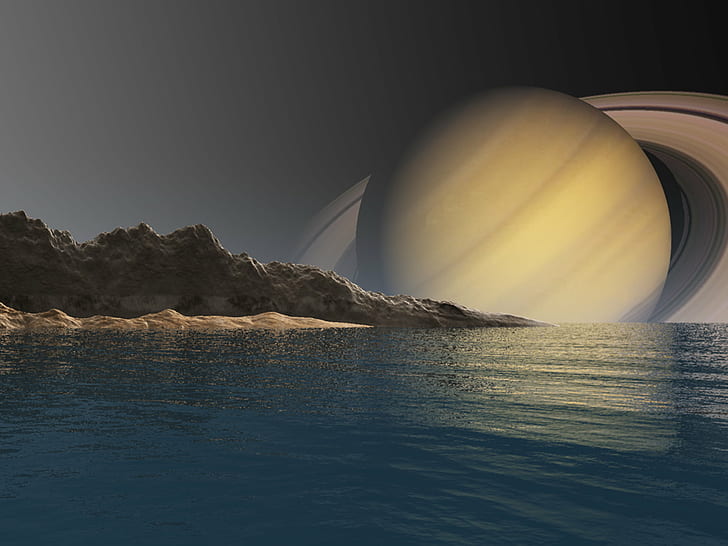 Синее море возле гор с Сатурном иллюстрации, море, HD обои