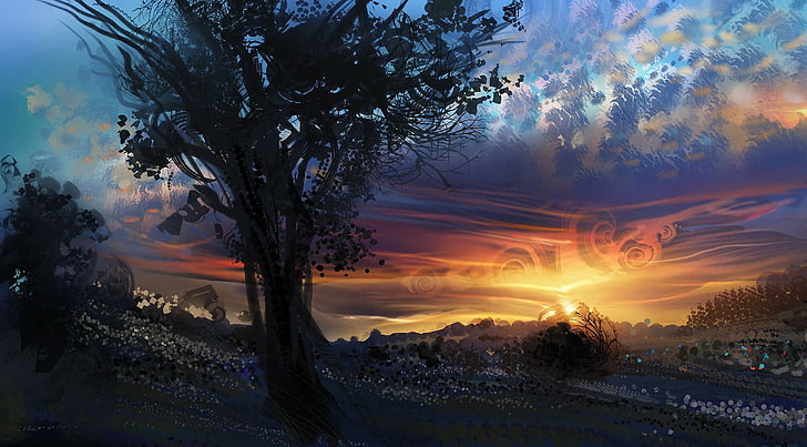 ภาพเงาของต้นไม้ศิลปะดิจิตอลภาพวาดต้นไม้เมฆพระอาทิตย์ตกงานศิลปะธรรมชาติฟิลด์, วอลล์เปเปอร์ HD