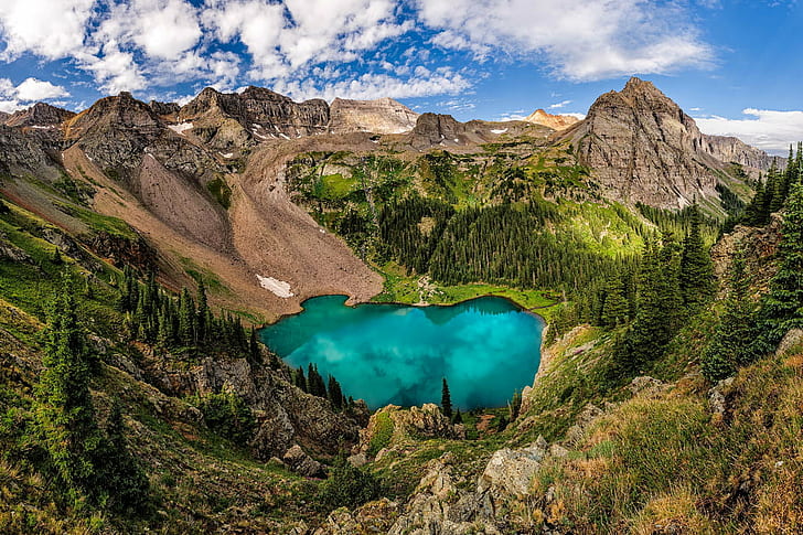 lake in middle of valley, blue lake, blue lake, Blue Lake, Grandeur, middle, valley, landscape, colorado, san juan mountains, trees, forest, alpine lake, sky, clouds, nature, mountain, scenics, lake, outdoors, summer, travel, beauty In Nature, water, hiking, HD wallpaper