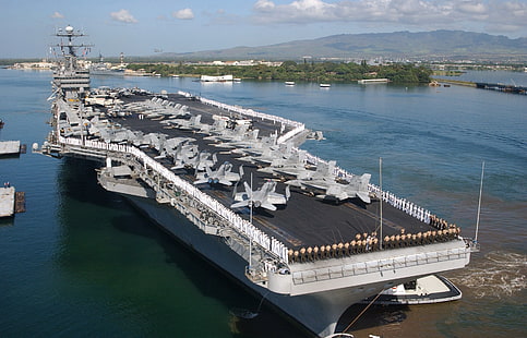 aircraft carrier, McDonnell Douglas F/A-18 Hornet, ship, warship, USS Ticonderoga (CV-14), military, vehicle, HD wallpaper HD wallpaper