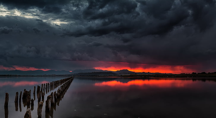 gray nimbus clouds, sunset, night, bridge, river, HD wallpaper