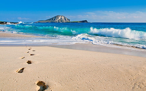 onde del mare e impronte di sabbia, spiaggia, mare, onde, impronte, natura, sabbia, Sfondo HD HD wallpaper