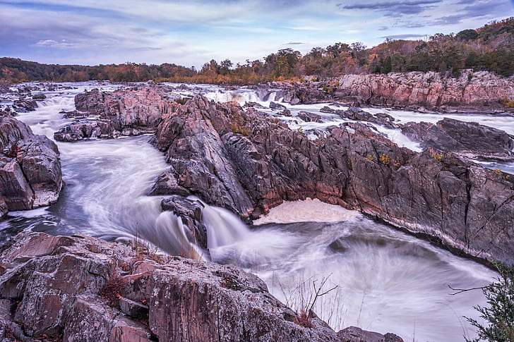high angle photography of a cascading waterfalls near rock formations, potomac river, potomac river, Great Falls of the Potomac River, Explored, angle, photography, cascading, waterfalls, rock, formations, Great Falls  Virginia, rapids, autumn, nature, waterfall, river, landscape, forest, scenics, stream, water, beauty In Nature, HD wallpaper