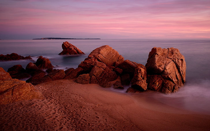brown rock formation, rocks, sand, sea, sky, HD wallpaper