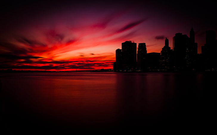 Manhattan Sunset, preto, paisagem urbana, porto, exposição longa, manhattan, nova iorque, nova iorque, nikon, nikonaf-snikkor24‑70mmf / 2.8ged, nikond3, fotografia, rosa, vermelho, silhueta, linha do horizonte, pôr do sol, água, HD papel de parede
