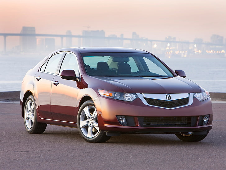 brown Acura sedan, acura, tsx, 2008, red, front view, style, auto, fog, home, lights, HD wallpaper