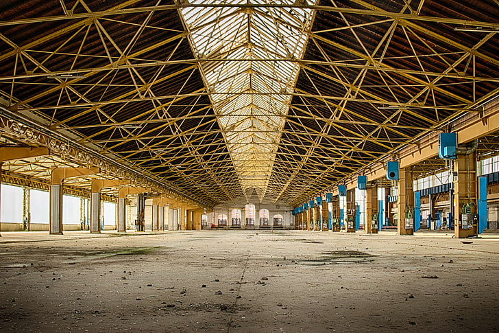 architecture, blanket, break up, building, construction, factory, factory building, hall, huge, industrial building, industry, lapsed, leave, lost places, mirroring, old, pforphoto, scaffold, space, symmetry, HD wallpaper