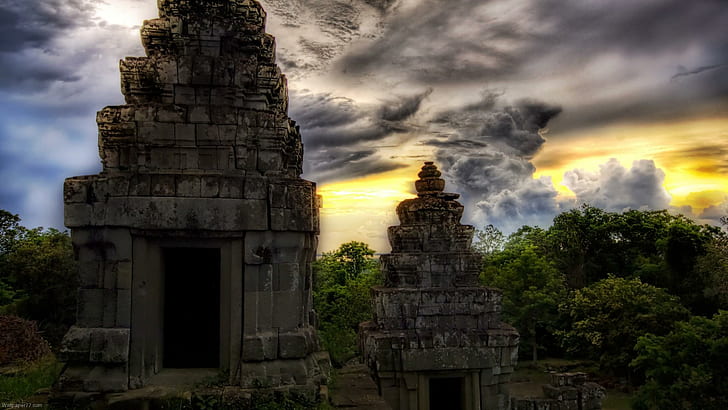Ancient Asian Temples Hdr, tree, temples, clouds, nature and landscapes, HD wallpaper