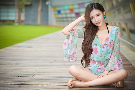 women's teal and pink floral trumpet-sleeved top, Asian, legs crossed, women outdoors, arms up, long hair, women, model, brunette, wedge shoes, feet, cleavage, HD wallpaper HD wallpaper