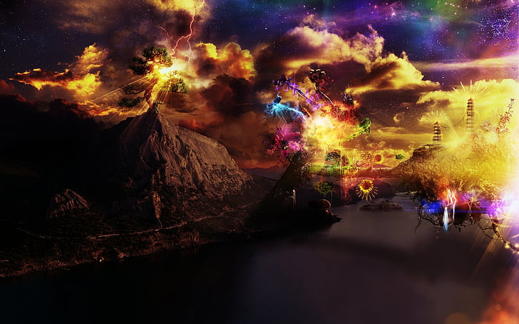 architecture, art, artistic, bay, bright, buildings, clouds, color, digital, dream, fantasy, fiction, fire, flames, lakes, landscapes, lightning, manipulation, mountains, nebula, psychedelic, reflection, rivers, sci, science, sky, space, stars, storm, surreal, tower, trees, water, HD wallpaper