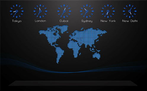 Schwarzer Hintergrund, Stadt, Uhren, digitale Kunst, Pixel, Zeitzonen, Weltkarte, HD-Hintergrundbild HD wallpaper