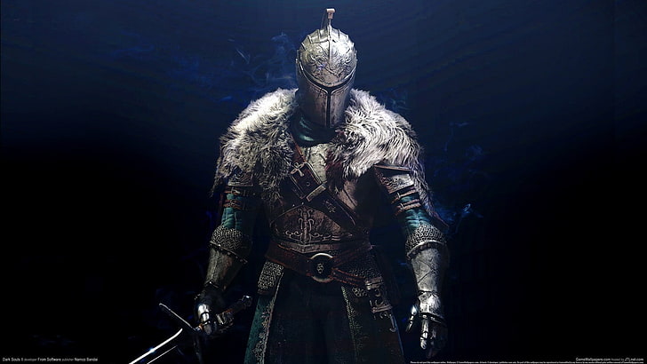 gray medieval armor and helm, game, armor, background, warrior, knight, Dark Souls 2, HD wallpaper