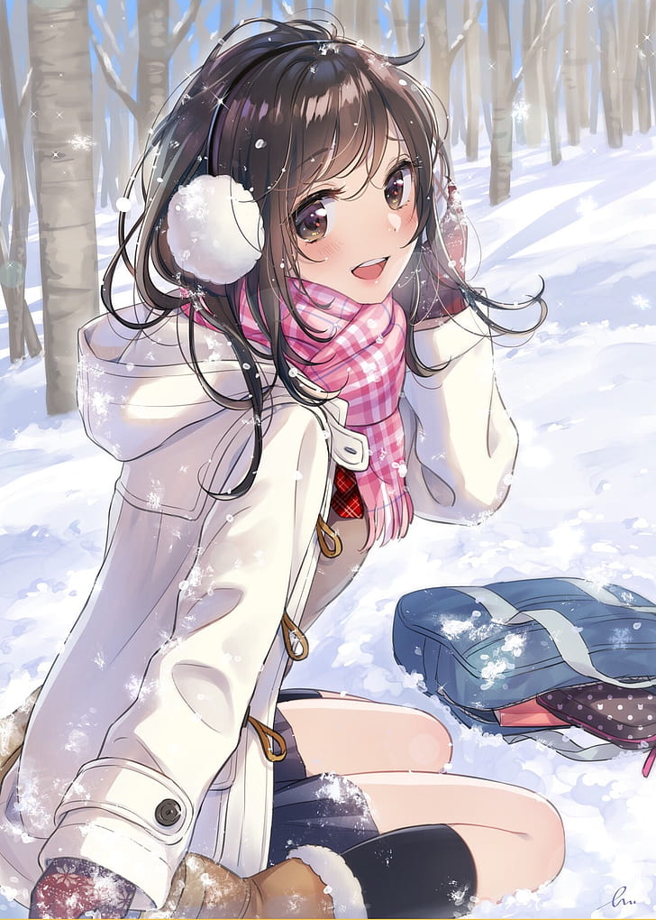 anime, anime girls, long hair, Smile, snow, bag, headphones, scarf, miniskirt, wood, HD wallpaper