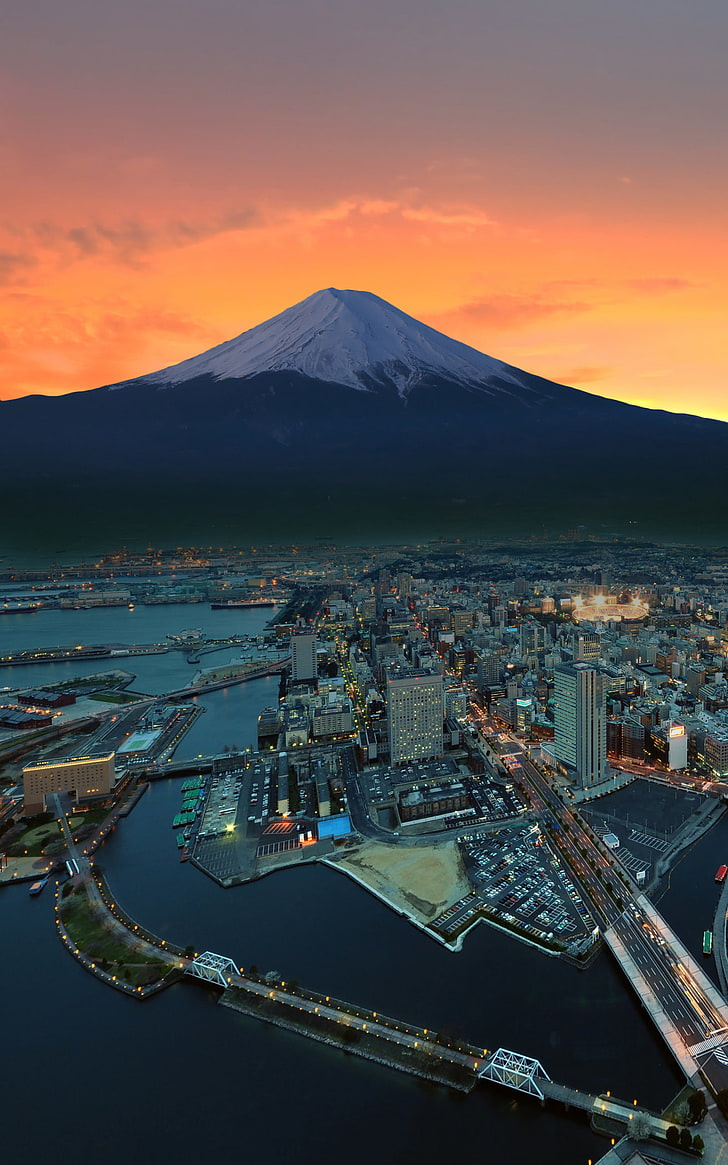 Monte Fuji, puesta de sol, Tokio, Japón, ciudad, montañas, pico nevado, pantalla vertical, Fondo de pantalla HD, fondo de pantalla de teléfono