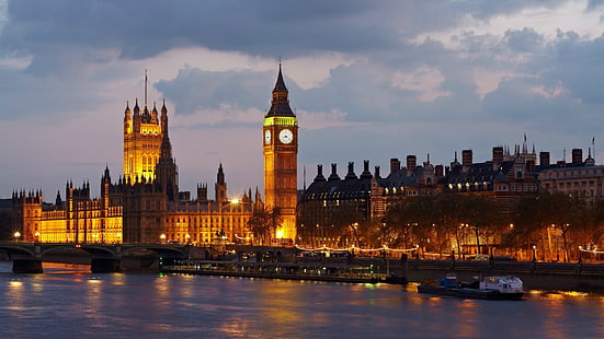 Westminster, Londres, Big Ben, Palais de Westminster, Tamise, Royaume-Uni, Europe, crépuscule, soir, nuageux, Fond d'écran HD HD wallpaper
