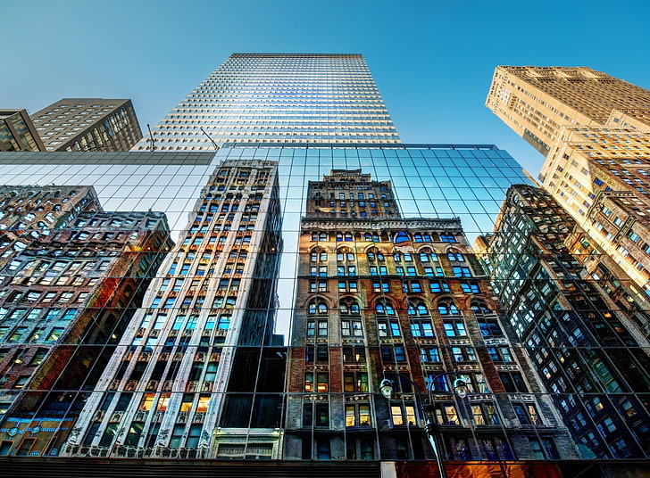 building, mirror, window, skyscraper, New York City, worm's eye view, HD wallpaper