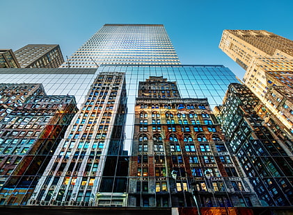 Gebäude, Spiegel, Fenster, Wolkenkratzer, New York City, Wurmperspektive, HD-Hintergrundbild HD wallpaper