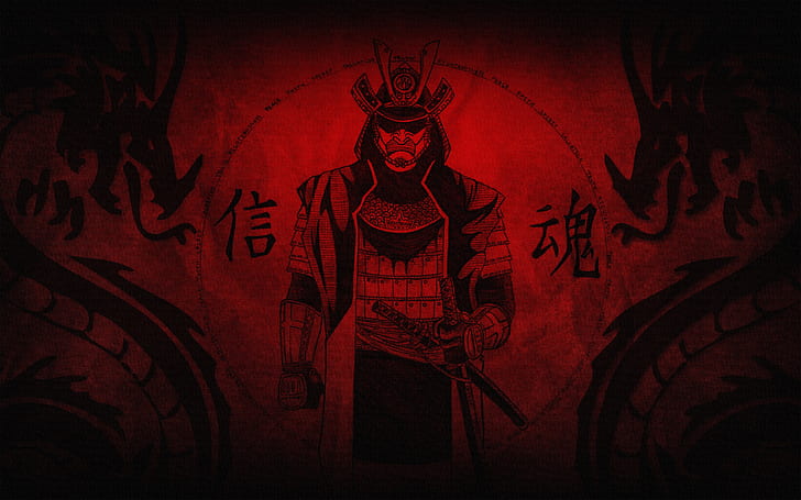 Samurai, samurai illustration, red, HD wallpaper