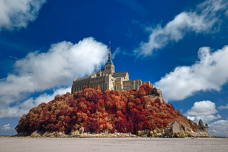 panorama photography of brown castle above hill covered with red leafed trees, mont saint-michel, mont saint-michel, Shades of, Mont Saint-Michel, HDR, panorama photography, castle, hill, red, trees, france, french, normandy, europe, building, landmark, architecture, structure, fortress, fort, fortification, stronghold, monument, monumental, stone, stonework, tower, history, historic, historical, ancient, medieval, middle ages, old world, cliff, heritage, legacy, traditional, giant, huge, classic  fantastic, fantasy, fable, fairytale, legendary, epic, surreal, ethereal, travel, tourism, touristic, background, backdrop, scene, scenery, scenic, landscape, sky, cloud, clouds, outdoor, outside, outdoors, blue, cyan, orange, ca, church, famous Place, HD wallpaper HD wallpaper