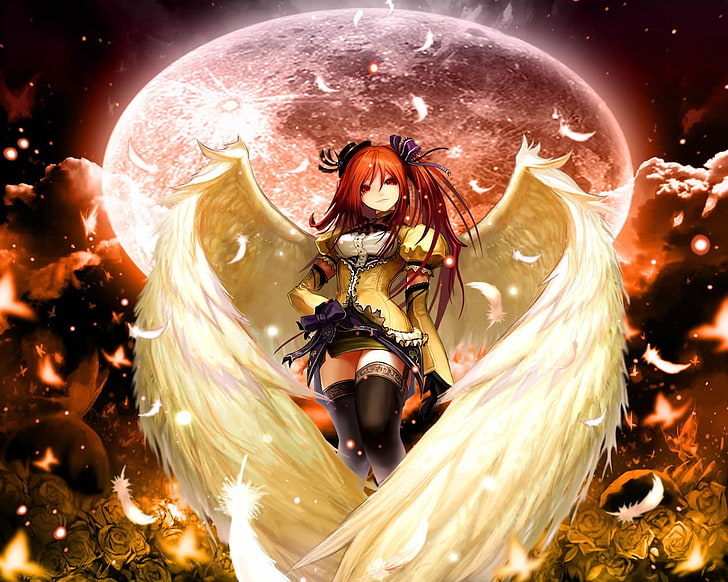 winged woman anime character digital poster, anime, wings, original characters, thigh-highs, HD wallpaper