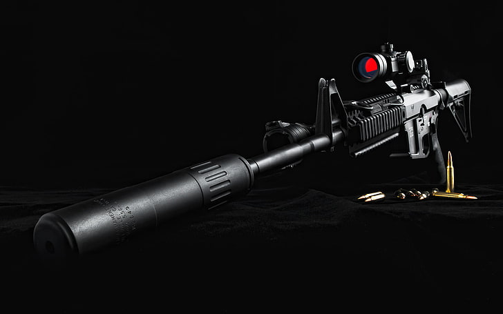 black rifle with black scope, machine, optics, black background, cartridges, rifle, muffler, HD wallpaper