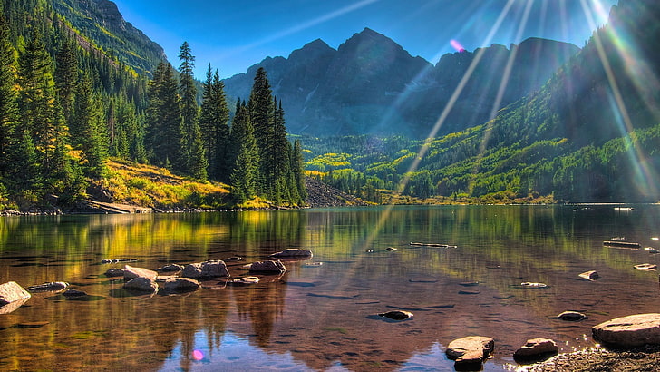 Mountain Lake Sunshine-Beautiful landscape wallpap.., HD wallpaper
