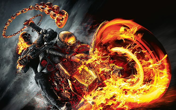 Marvel Ghost Rider digital wallpaper, fire, Ghost Rider, motorcycle, HD wallpaper