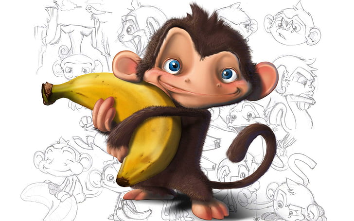 Обезьяна, держащая банан, обезьяна, держащая желтый банан, иллюстрация, смешная, 1920x1200, банан, обезьяна, HD обои