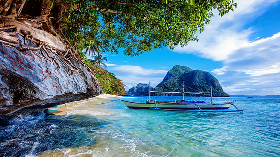 海岸、青緑色の水、ビーチ、パラワン、フィリピン、熱帯、ボート、ラグーン、海岸、湾、観光、夏、熱帯、海、木、エキゾチック、空、海、エルニド、水、自然、 HDデスクトップの壁紙 HD wallpaper