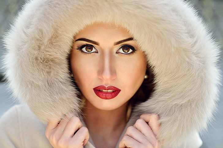 women, makeup, fur cap, red lipstick, looking at viewer, closeup, brown eyes, portrait, hoods, HD wallpaper