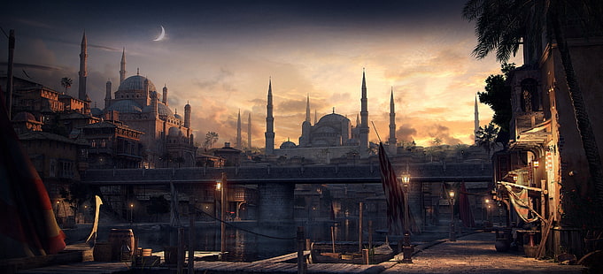 Фантазия, град, мост, сграда, Константинопол, джамия, HD тапет HD wallpaper