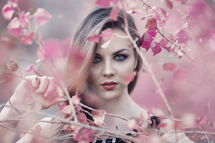 women, brunette, make up, red lipstick, blue eyes, branch, trees, pink, Alessandro Di Cicco, HD wallpaper