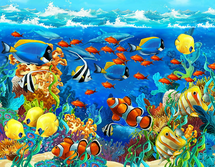 корали, делфини, риби, океан, море, морско дъно, тропически, подводни, HD тапет
