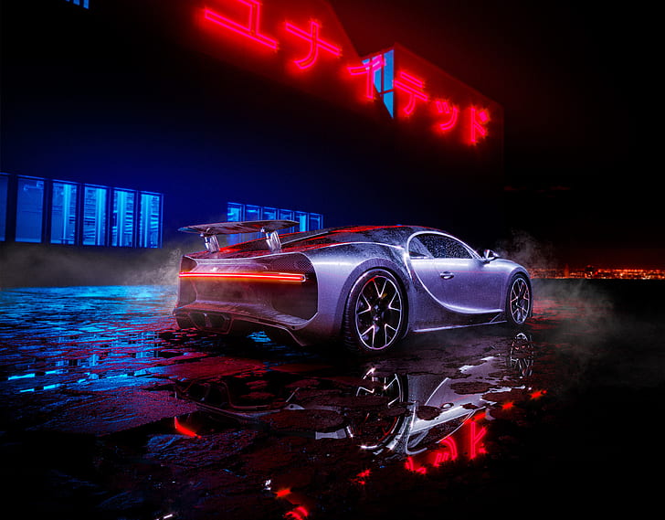 Bugatti Chiron, Neon lights, HD, HD wallpaper