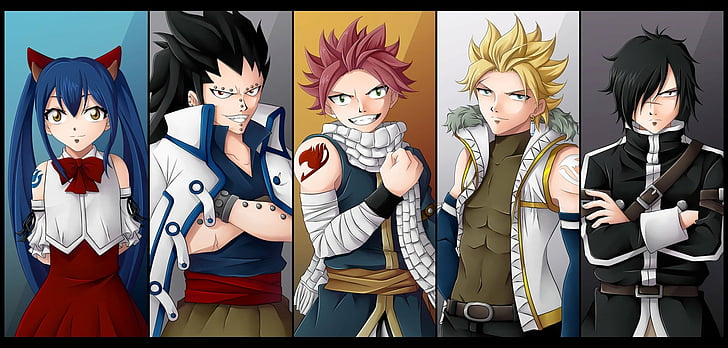 Anime, Fairy Tail, Gajeel Redfox, Natsu Dragneel, Rogue Cheney, Sting Eucliffe, Wendy Marvell, HD wallpaper