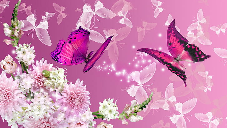 Story Of Summer, 2 purple butterflies, blooms, papillon, snap dragons, bright, butterfly, fleurs, carnations, blossoms, pink, flowers, spri, HD wallpaper