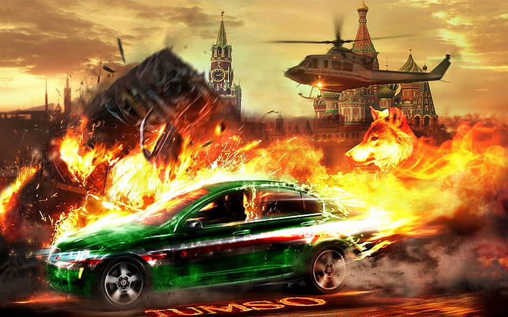 Śmigłowiec pościg samochodowy Kreml, ilustracja zielony sedan, helikopter, pościg, samochód, Kreml, Tapety HD