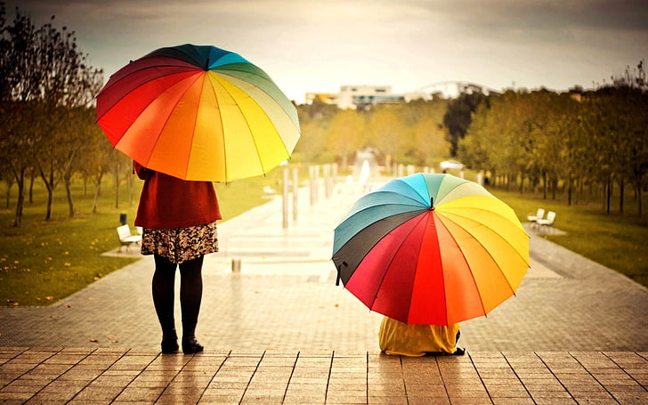 umbrellas colorful kids rainbow-High quality wallp.., two multicolored umbrellas, HD wallpaper