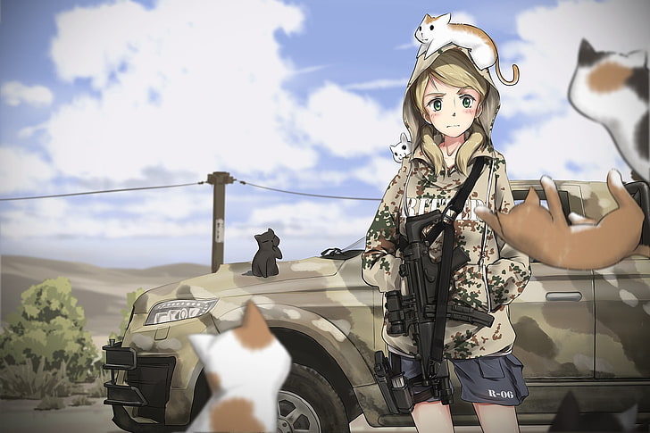 Anime-Charakterfrau im digitalen Tarnungs-Hoodie, der Gewehr, Animemädchen, Katze, türkische Streitkräfte, Submaschinengewehr, Auto, Toyota hält, HD-Hintergrundbild