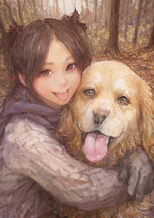 anime, cute, dog, friend, girl, original, HD wallpaper HD wallpaper
