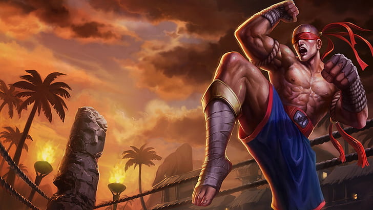 man wearing blue and red shorts while blind folded wallpaper, Lee Sin (League of Legends), HD wallpaper