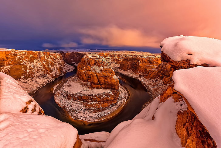 winter, snow, USA, the Glen canyon, Horseshoe, Horseshoe Bend, Arizona, the smooth bend of the channel of the Colorado river, meander, HD wallpaper