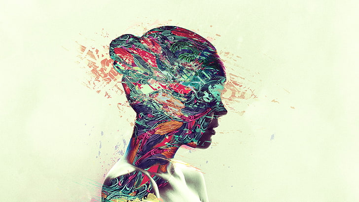 multicolored woman face wallpaper, assorted-color abstract painting, digital art, women, double exposure, face, bare shoulders, white background, colorful, simple background, artwork, profile, HD wallpaper