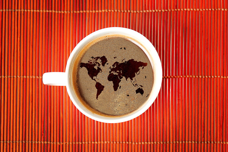 white ceramic mug, coffee, map, The world, World, wood, HD wallpaper